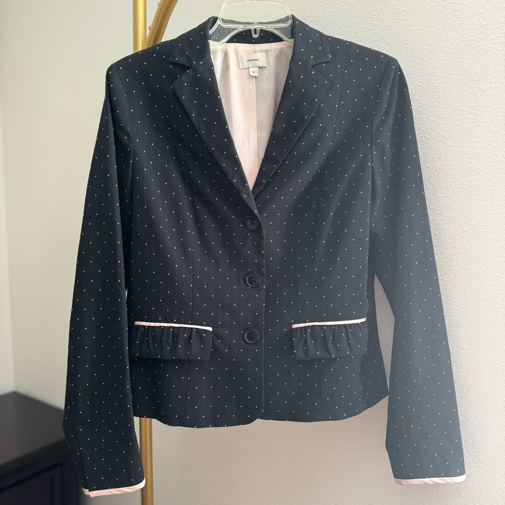 Nordstrom Entsou Black Blazer with White Dots and Pink Satin Trim - Size Large
